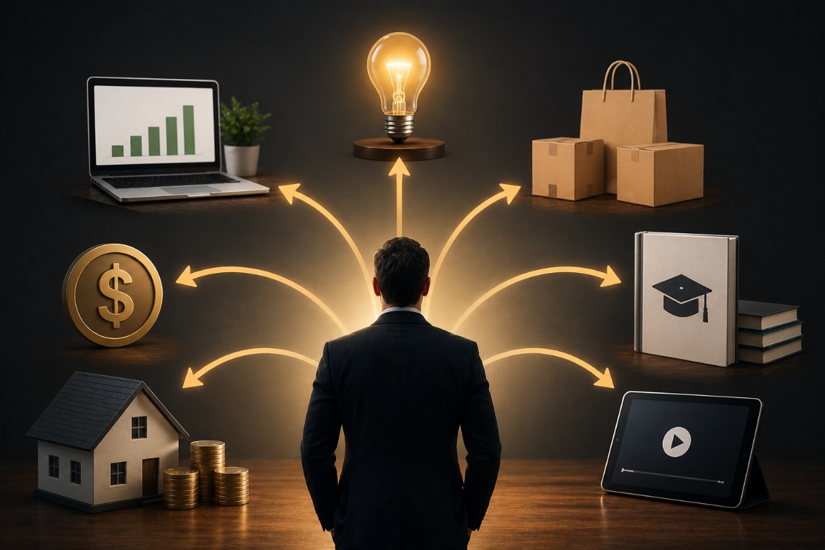 Entrepreneur standing in front of multiple revenue streams flowing into one account.