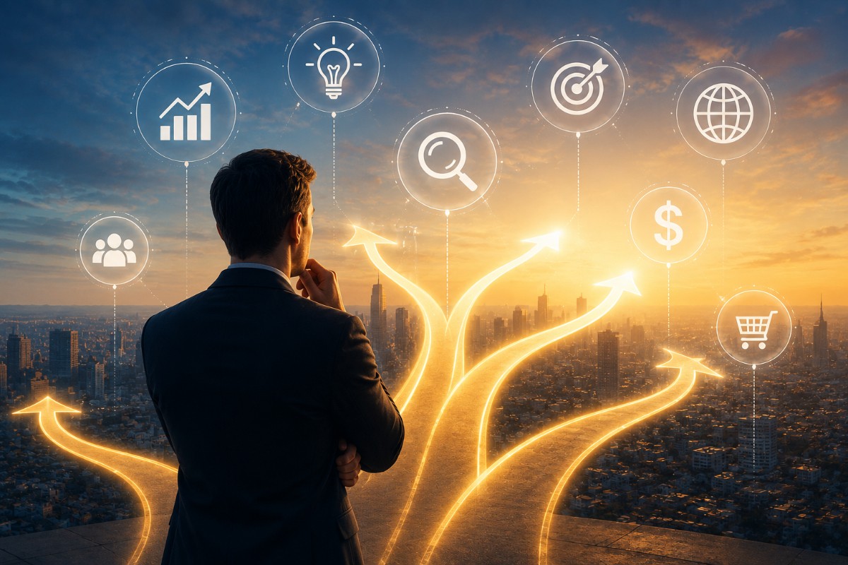 Entrepreneur looking at multiple digital charts and market trends on screens