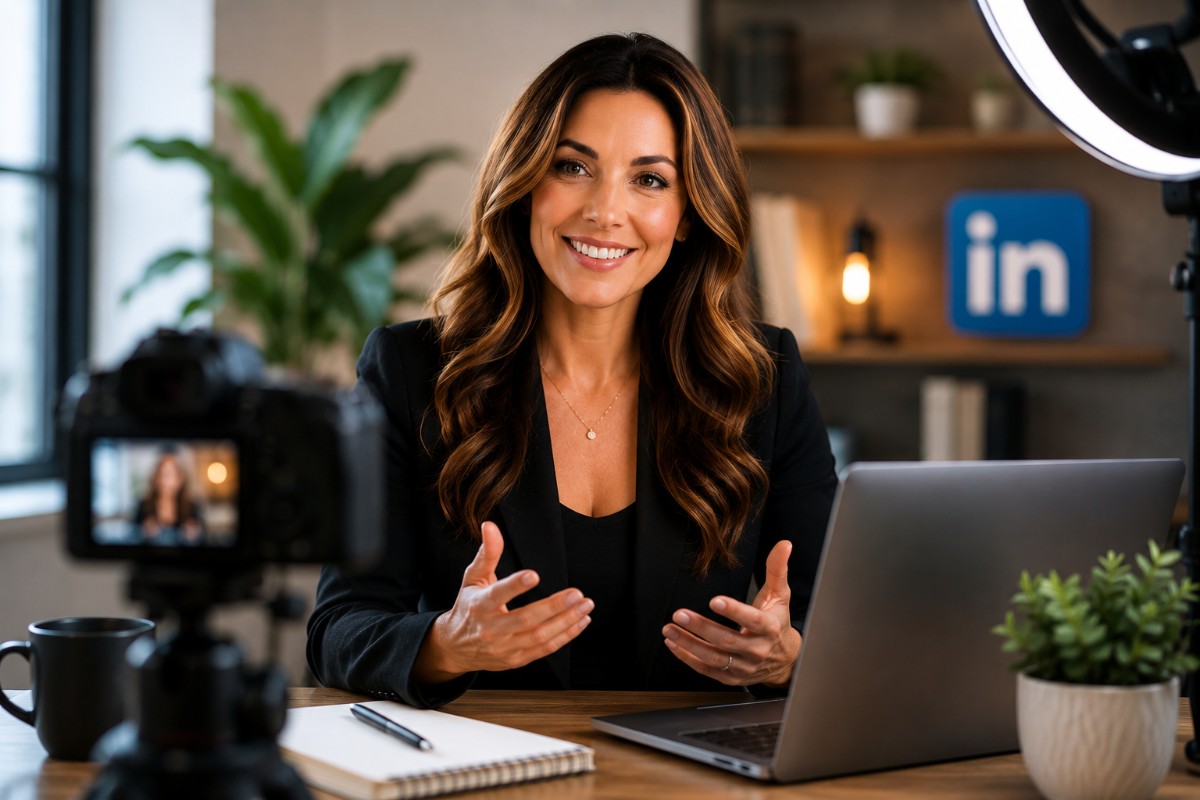 Professional woman recording a video in a modern office with LinkedIn-style social media graphics floating around