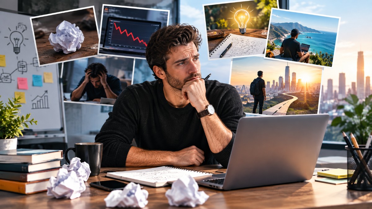 First-time entrepreneur reviewing business challenges, startup mistakes, and growth strategies in a modern workspace.