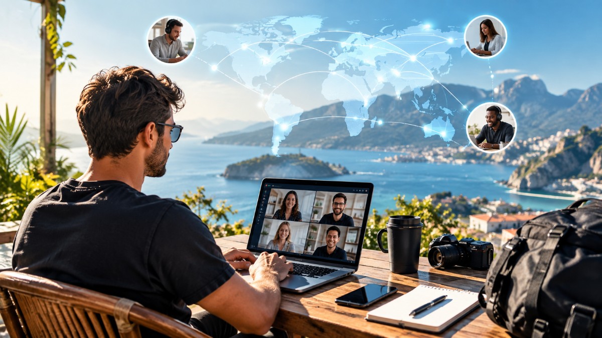 Remote entrepreneur managing a global online business from a modern workspace using digital tools and virtual collaboration platforms