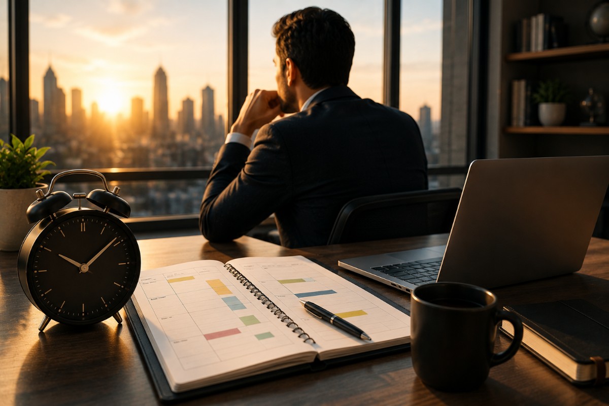 Entrepreneur reviewing a schedule on a laptop with a luxury watch and productivity dashboard