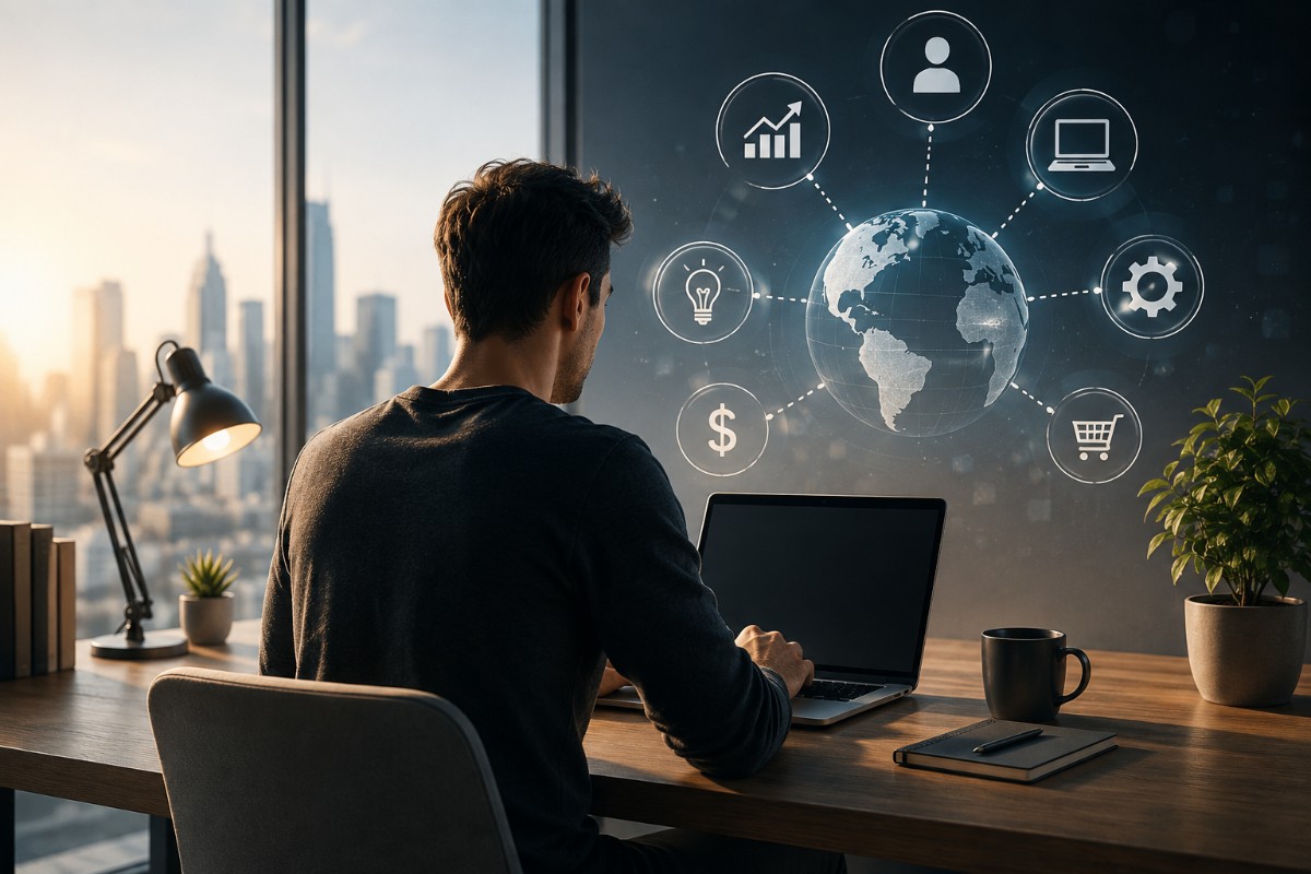 Solopreneur working on a laptop using AI and automation tools to grow a one-person business.